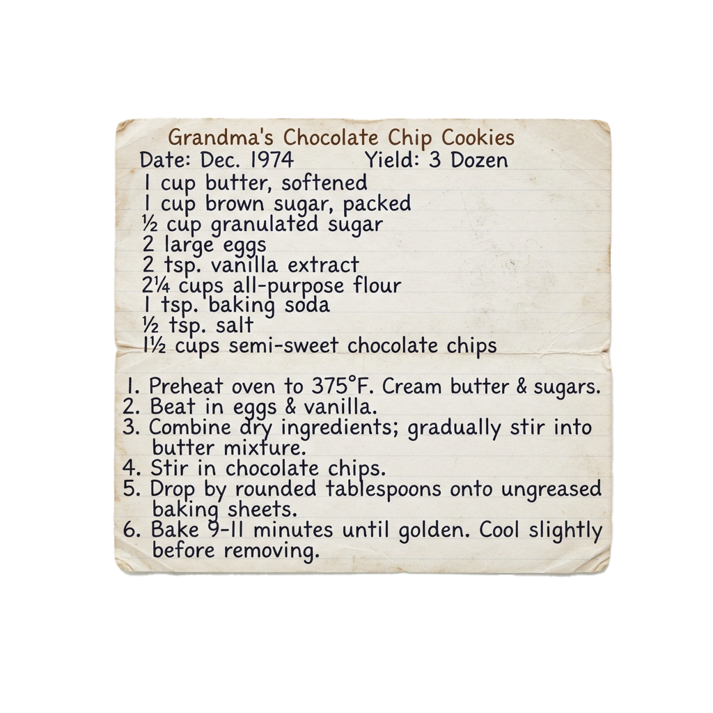 A vintage recipe card for Grandma's Chocolate Chip Cookies dated December 1974 with ingredients and instructions