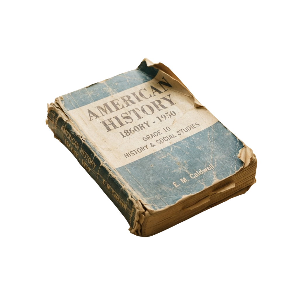 Old worn textbook titled American History covering 1860 to 1950 for grade 10 history and social studies