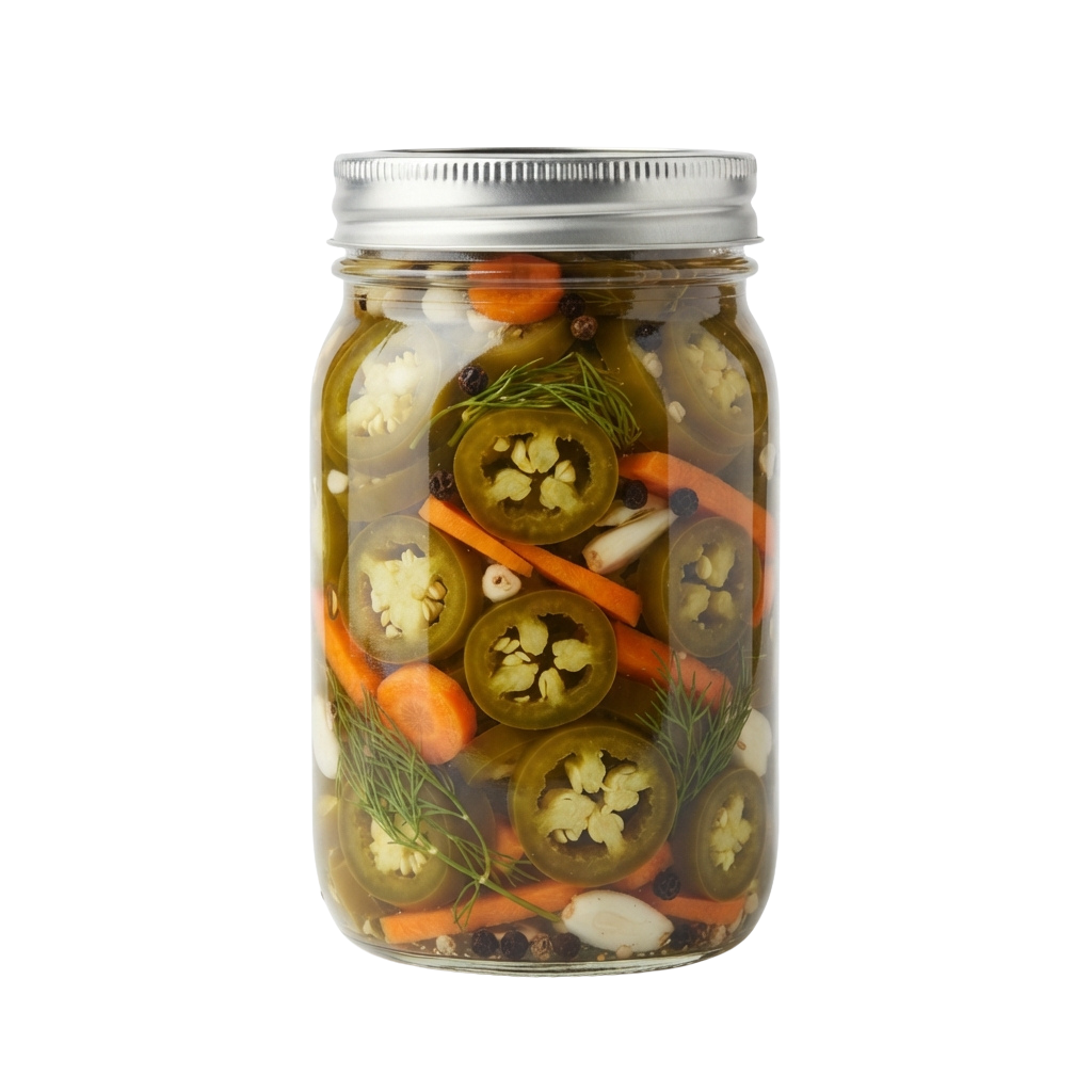 Glass jar filled with pickled jalapeno peppers, carrots, garlic cloves, and dill in brine