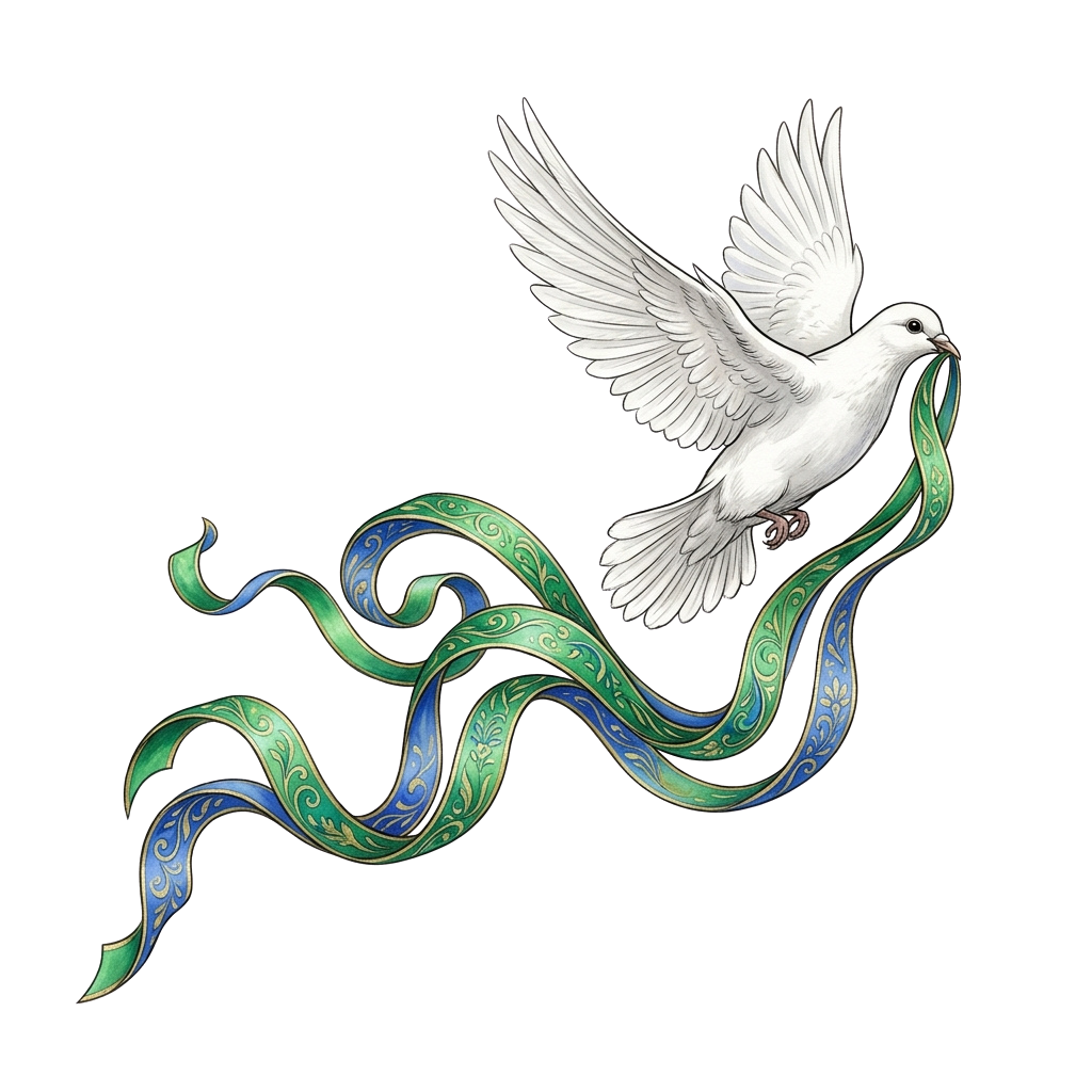 A white dove in flight holding a decorative ribbon with green and blue patterns