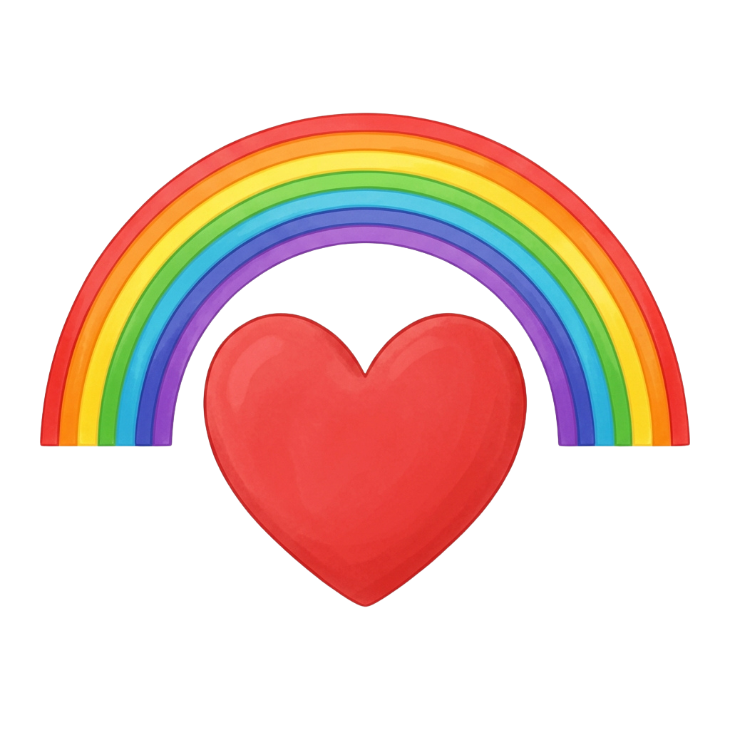 A vibrant rainbow arching over a bold red heart shape on a black background