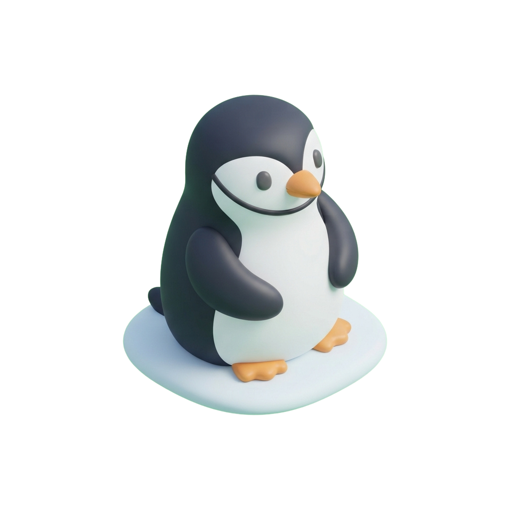 A cheerful cartoon penguin standing upright on a white ice surface