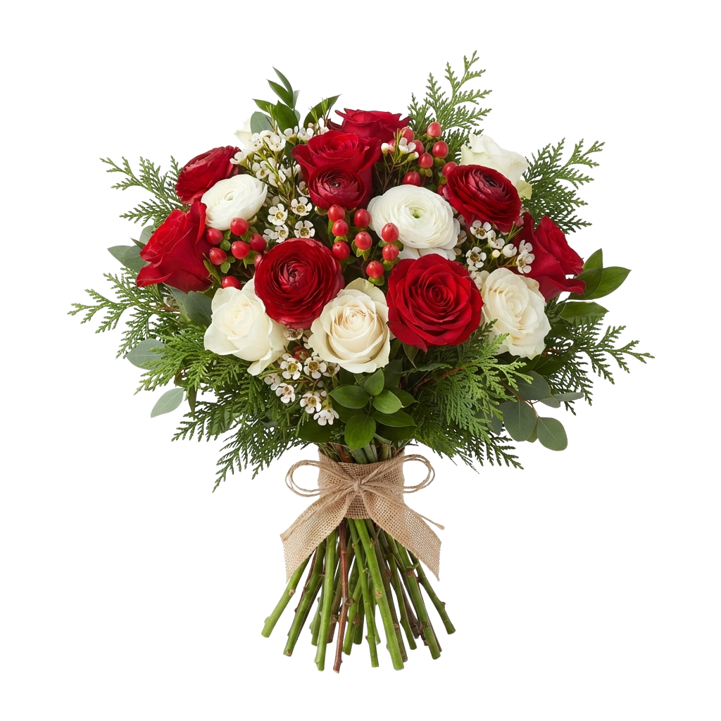 Beautiful bouquet of red and white roses with greenery, berries, and a burlap bow