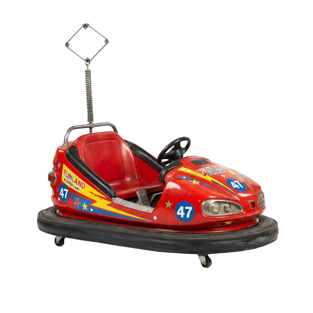 Red bumper car ride-on toy with number 47 and colorful star decals, suspended by a metal spring bar