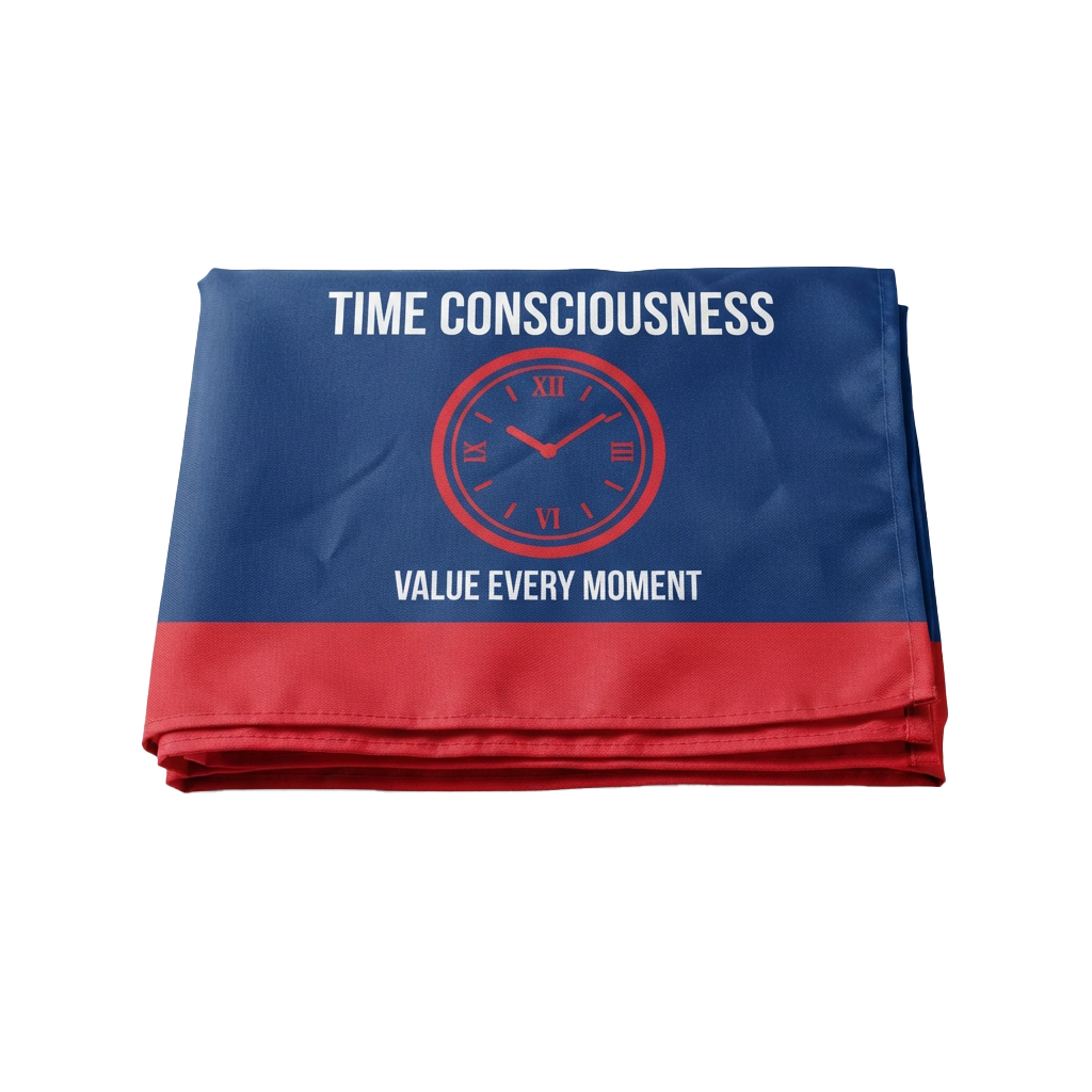Blue and red towel with white text reading Time Consciousness and Value Every Moment, featuring a red clock graphic