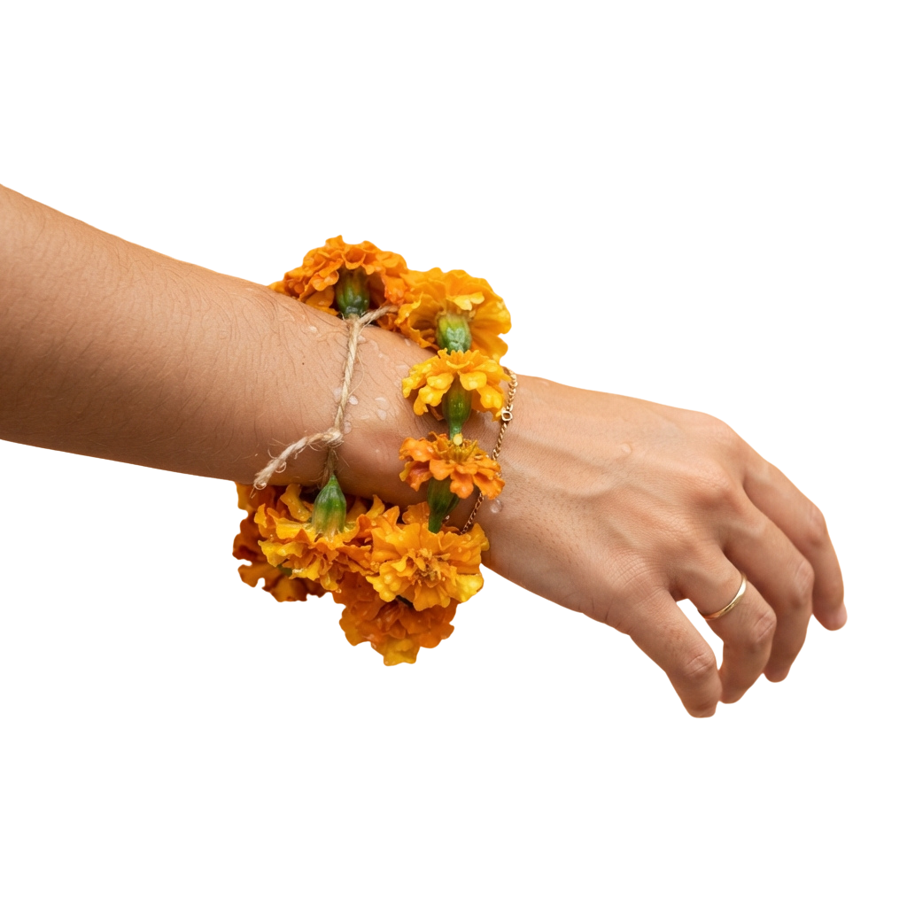 A hand wearing a bracelet made of bright orange artificial flowers and string.