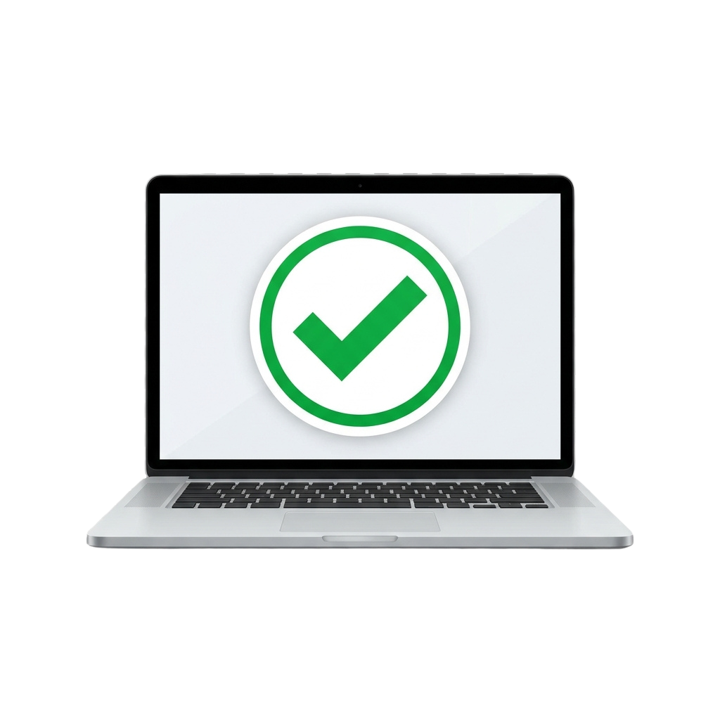 Laptop screen showing a large green checkmark inside a circle, indicating confirmation or success