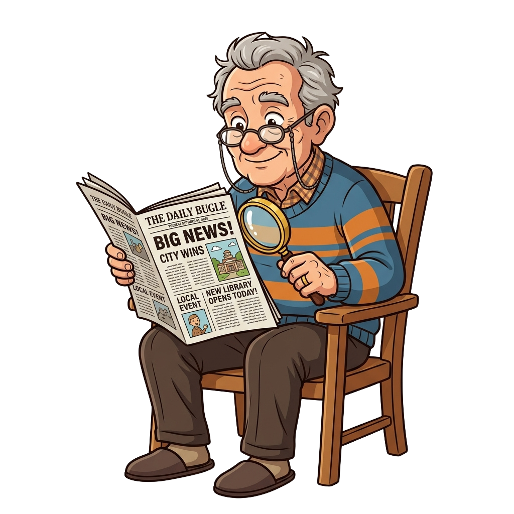 Cartoon of an elderly man reading a newspaper with a magnifying glass, smiling