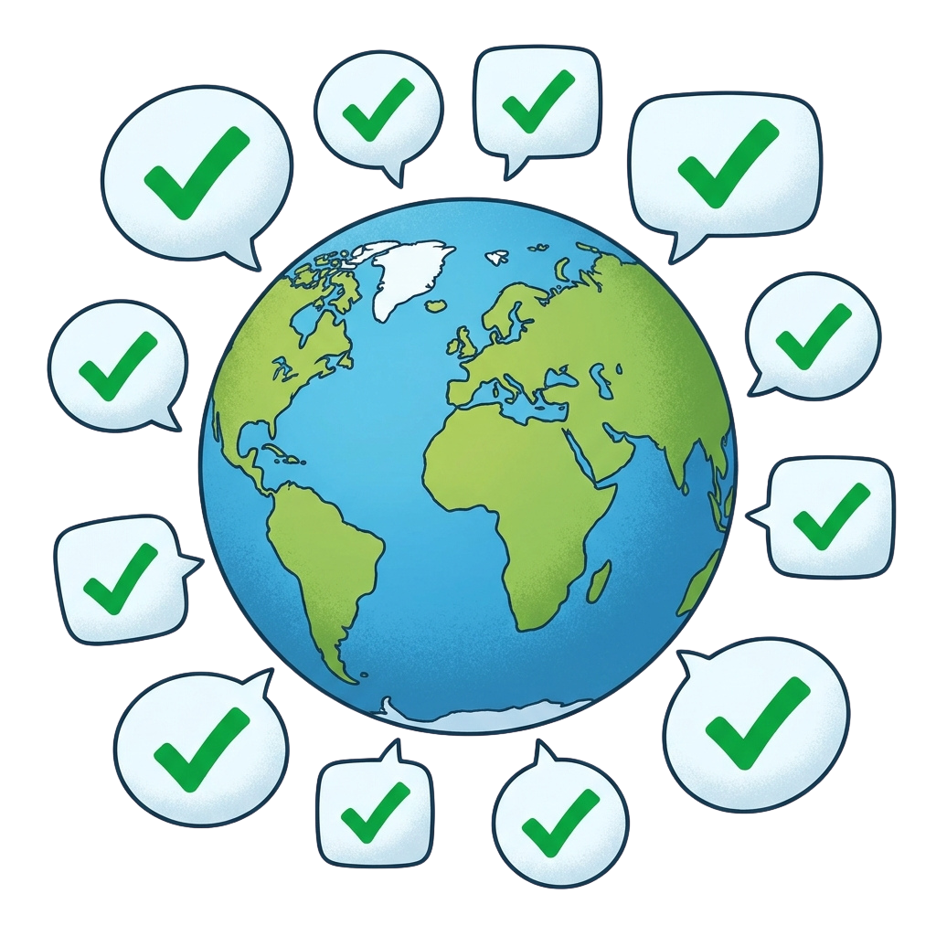 Illustration of Earth surrounded by speech bubbles with green checkmarks symbolizing global approval or agreement