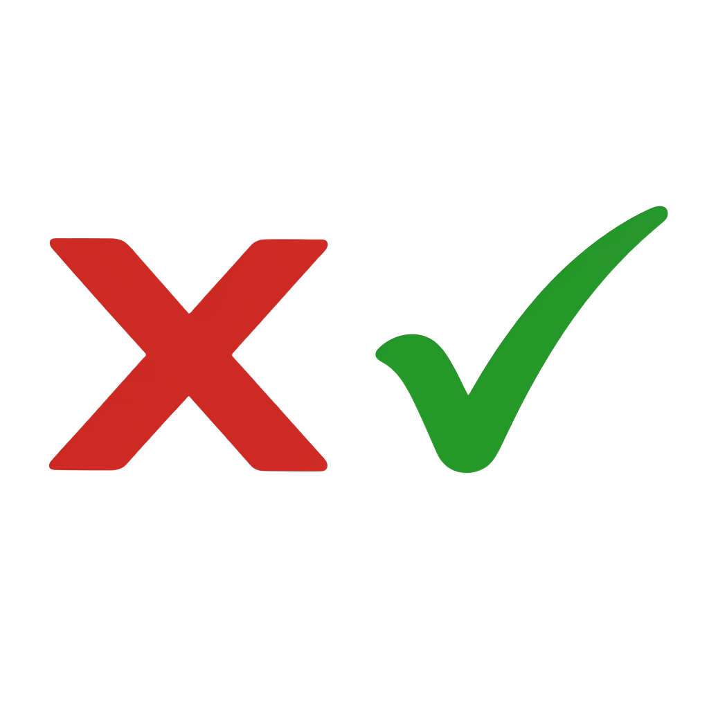 Red X mark and green check mark on black background