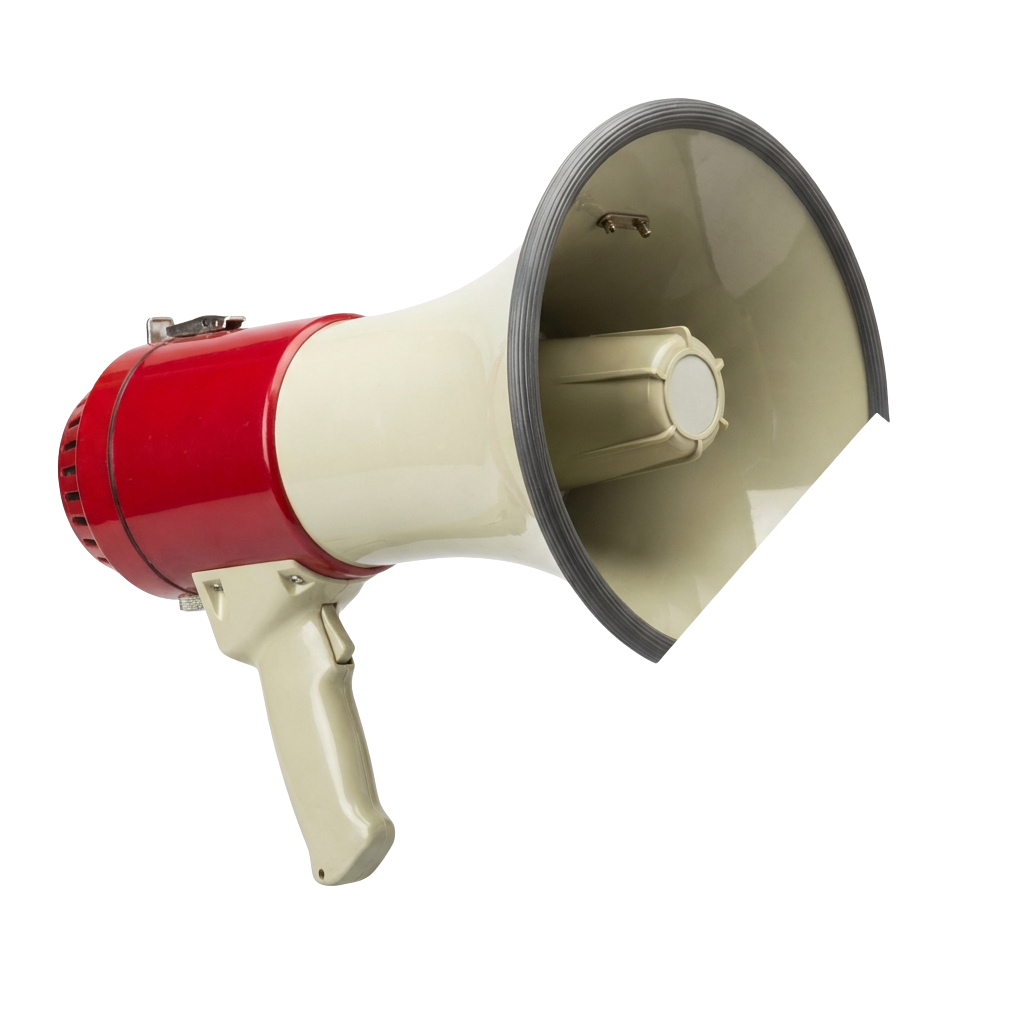 A red and white handheld megaphone with a white handle and black rim on the speaker end