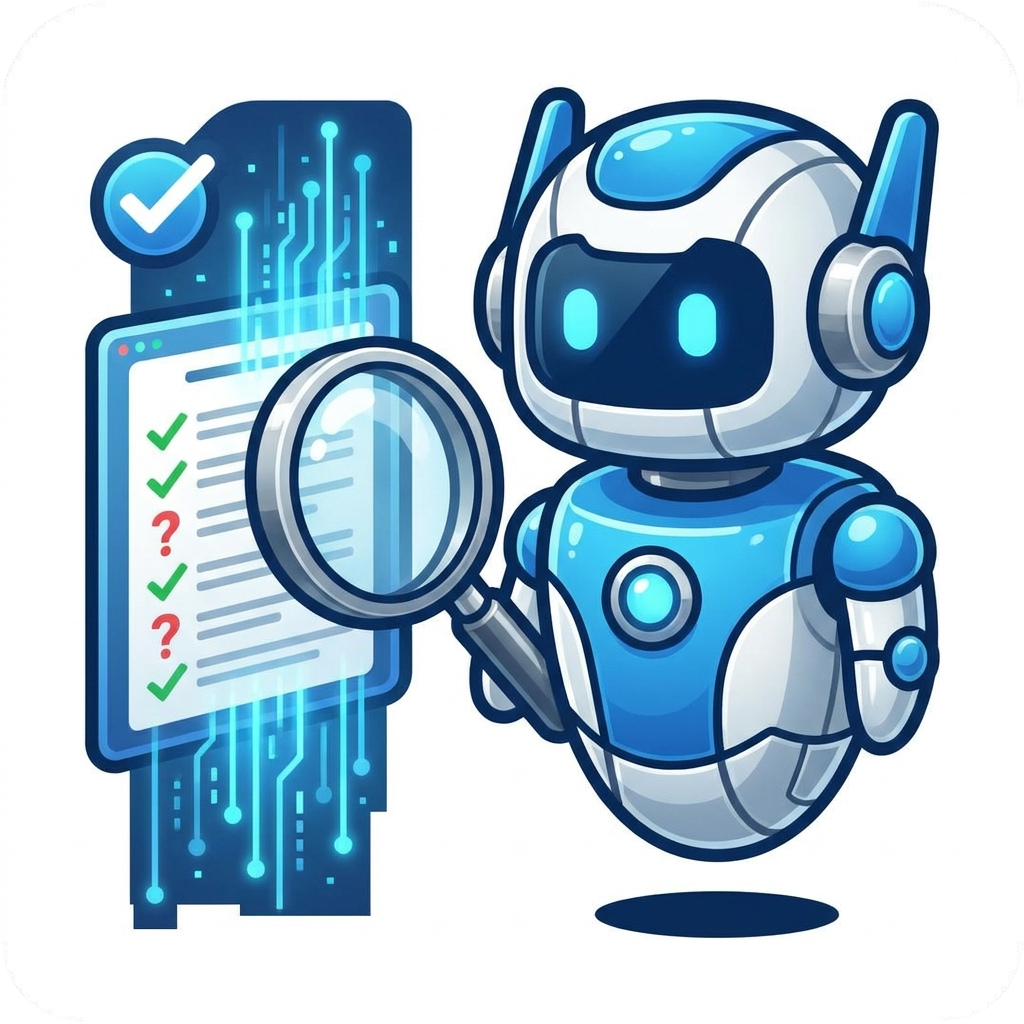 A robot inspecting a digital checklist with a magnifying glass, highlighting verified and pending items.