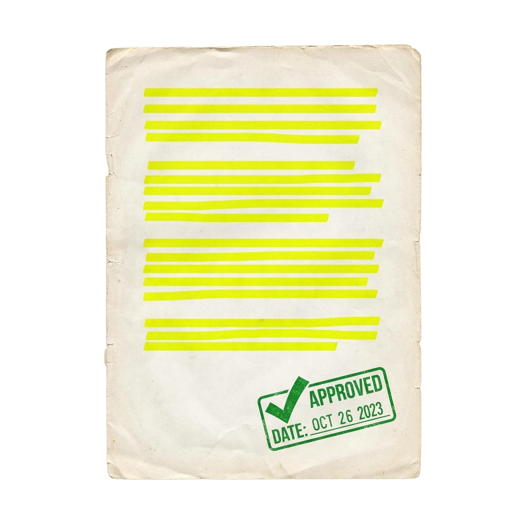 A document with yellow redaction lines and an approved green stamp dated October 26, 2023