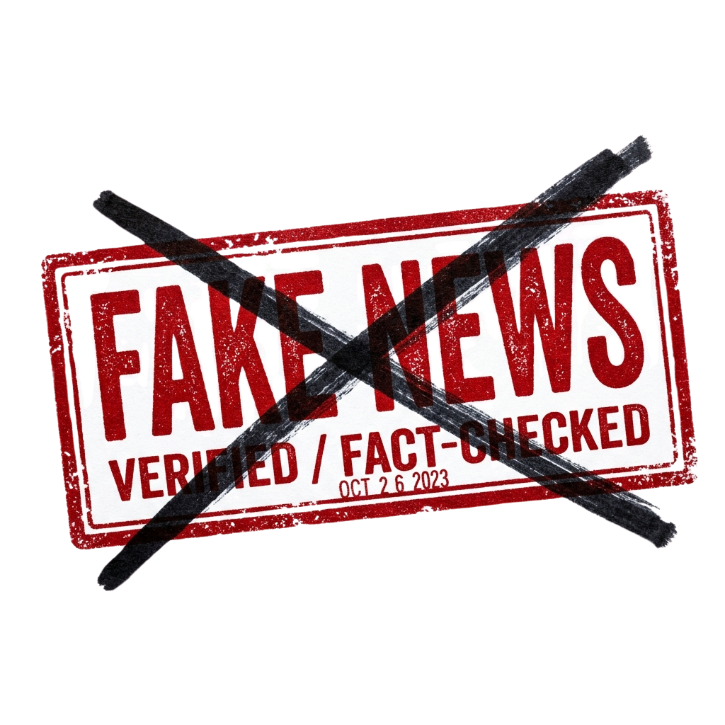 A red and white sign crossed out with black tape that reads Fake News Verified Fact-Checked with a date stamp
