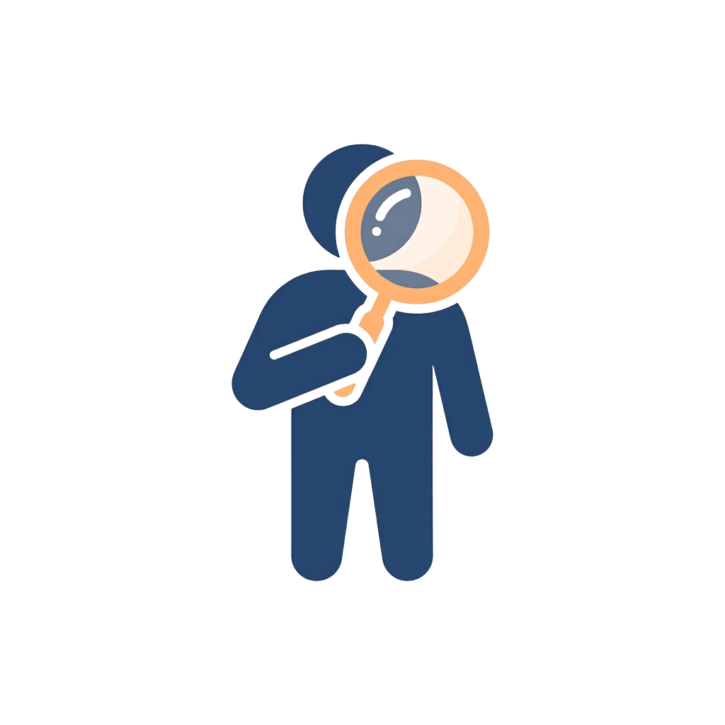 A stylized stick figure holding a magnifying glass examining their own face