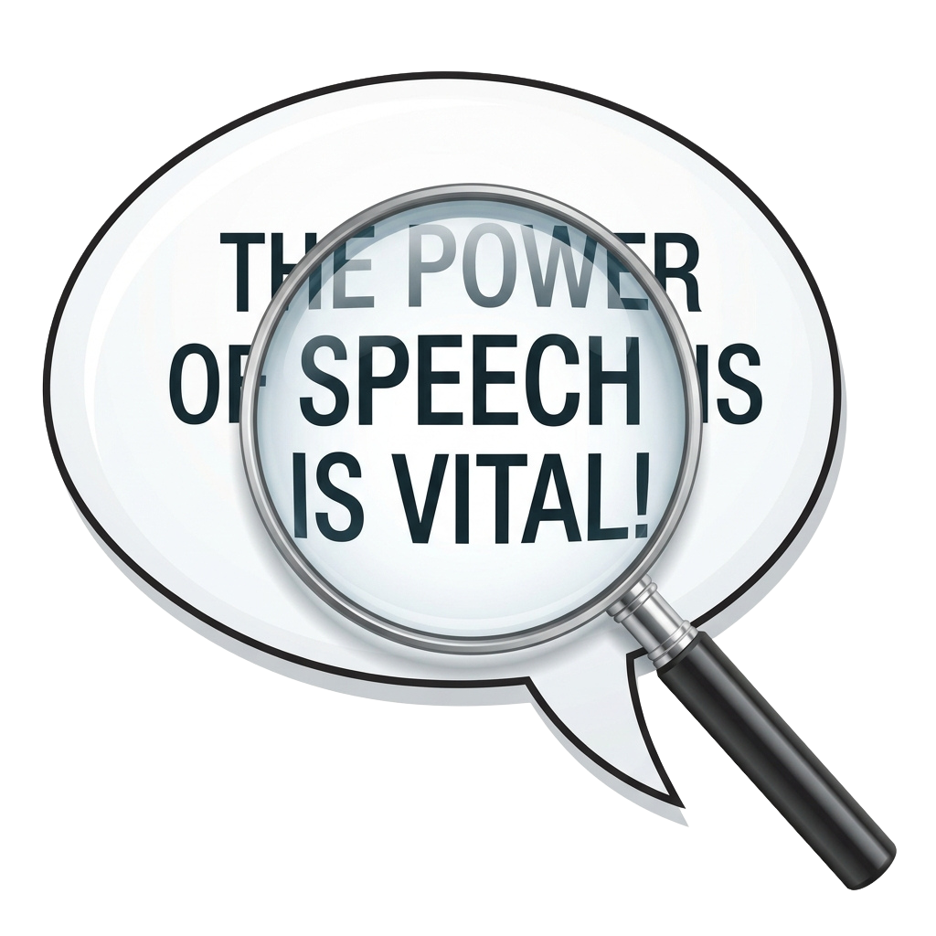 A magnifying glass zooming in on the text The Power of Speech is Vital