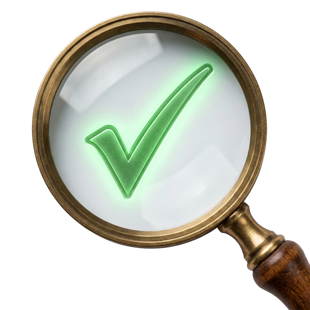 A magnifying glass focusing on a glowing green check mark symbol