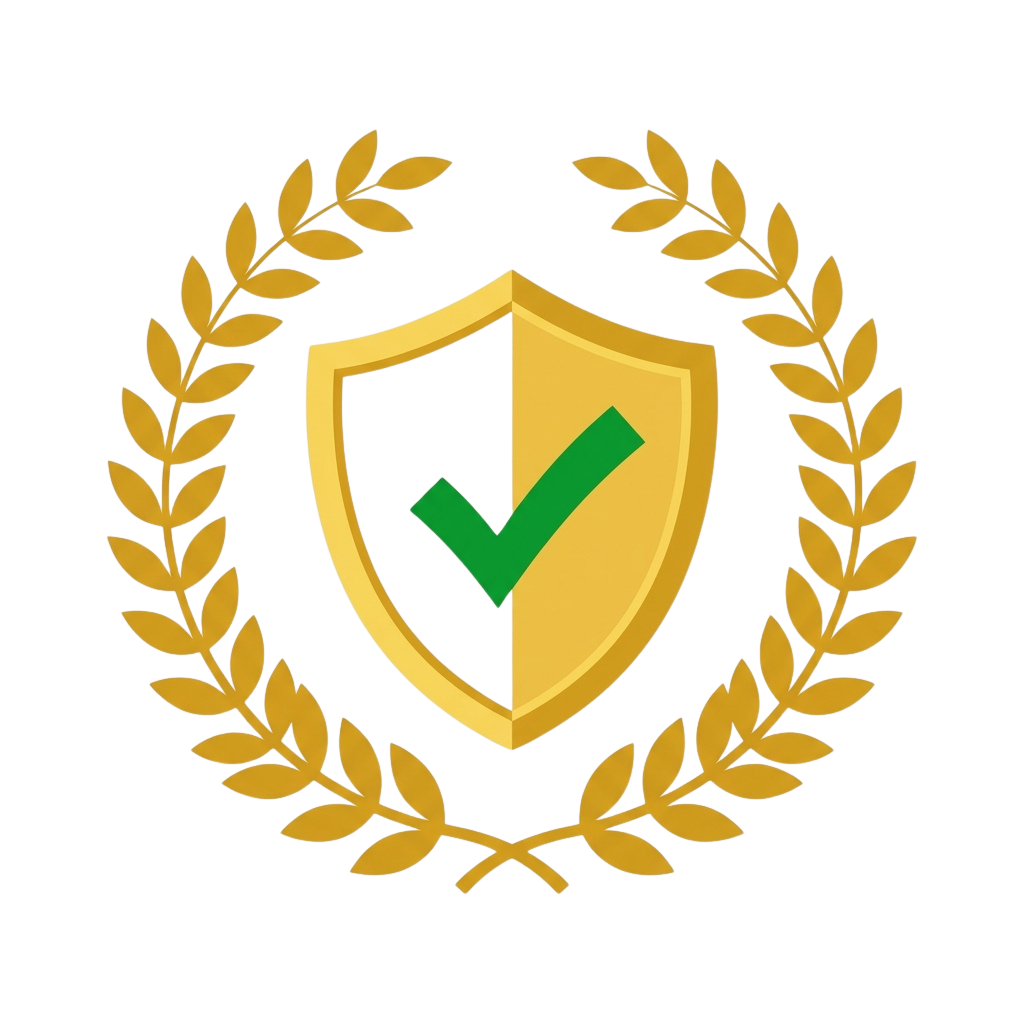 Shield with a green checkmark inside a golden laurel wreath on black background