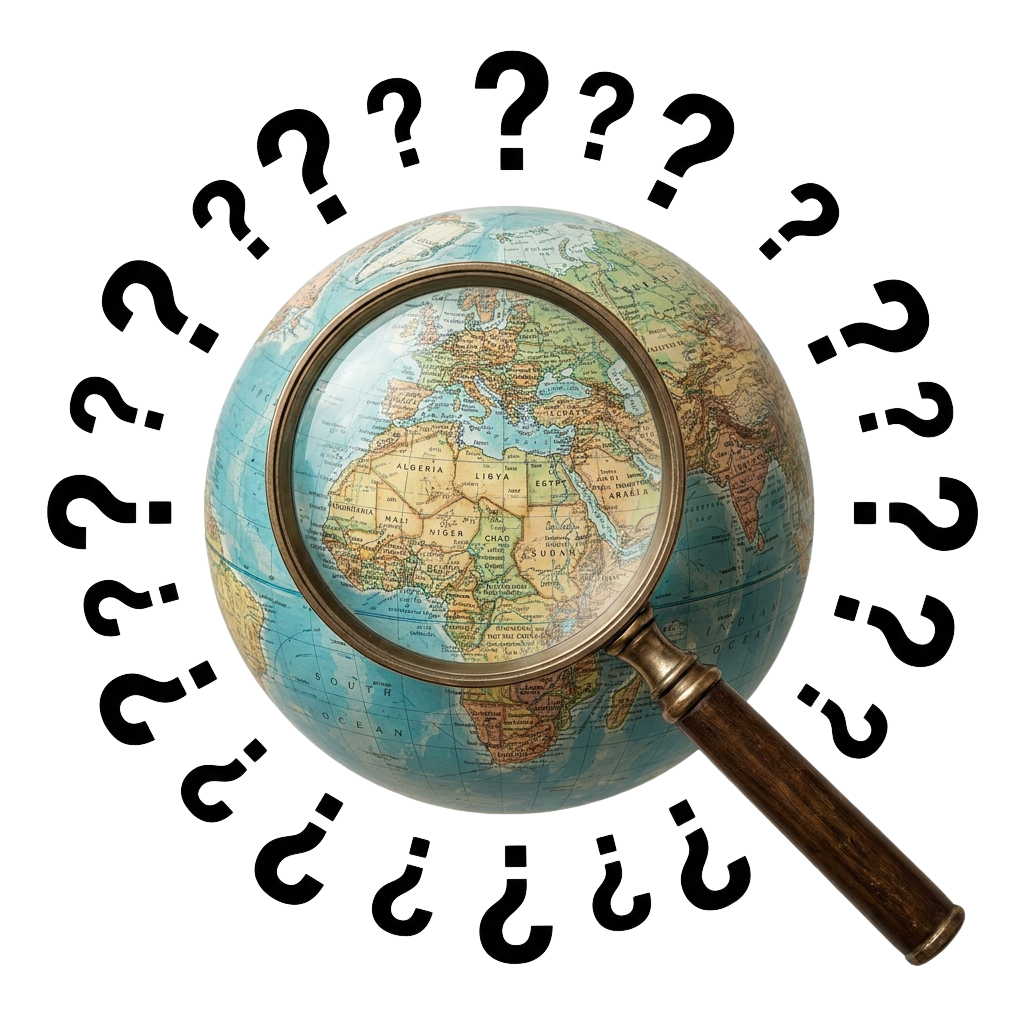 A magnifying glass zooming in on a globe with question marks floating around it