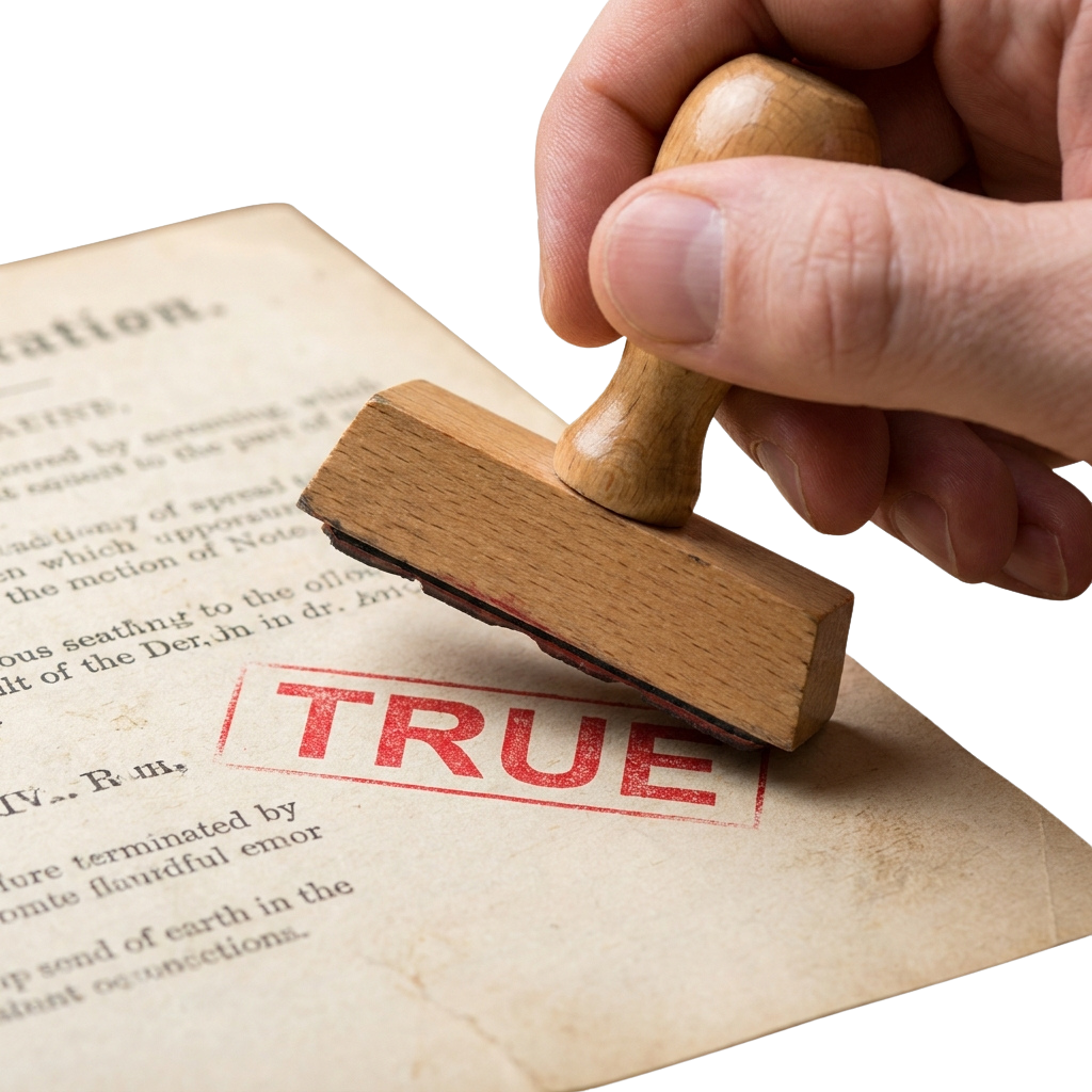 Hand pressing a wooden stamp labeled TRUE onto a document