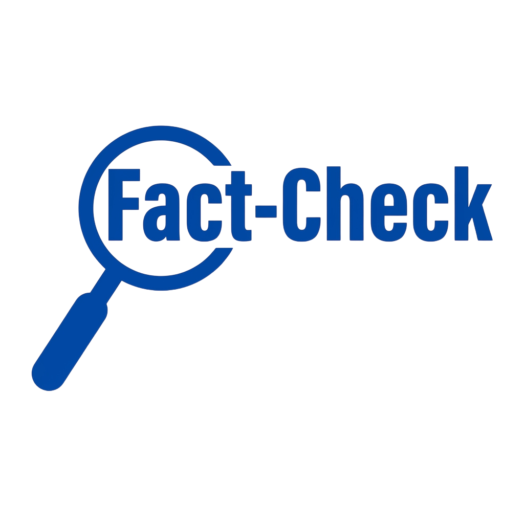 Blue magnifying glass icon with Fact-Check text inside it on a black background