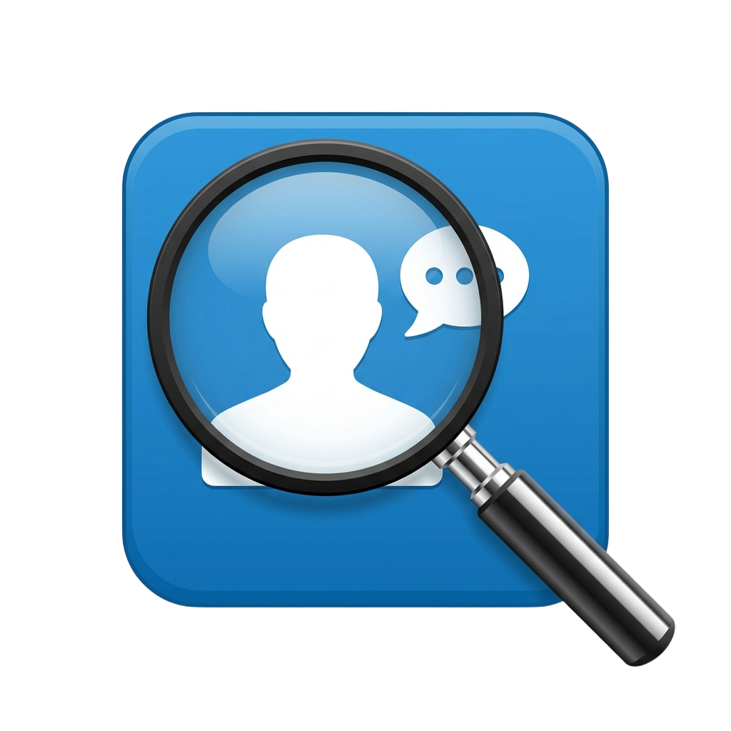 A magnifying glass focusing on a user profile icon with a speech bubble chat icon nearby