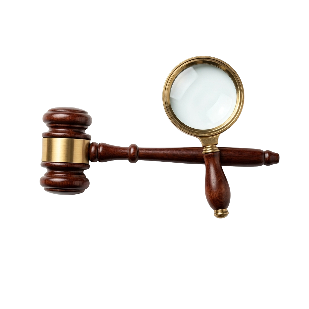 A wooden gavel with a gold band and a magnifying glass attached to its handle on a black background