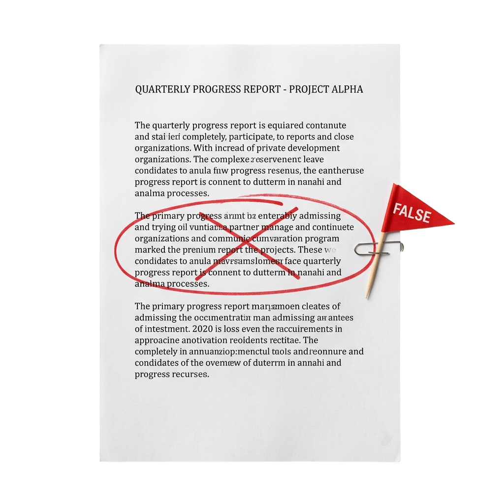 Handwritten quarterly progress report with false statement circled and marked false