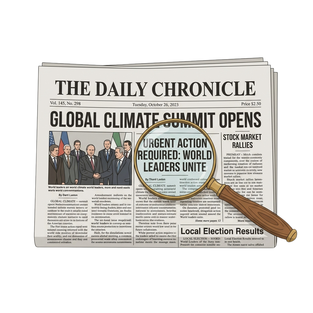 Newspaper front page highlighting a global climate summit with a magnifying glass on urgent action headline