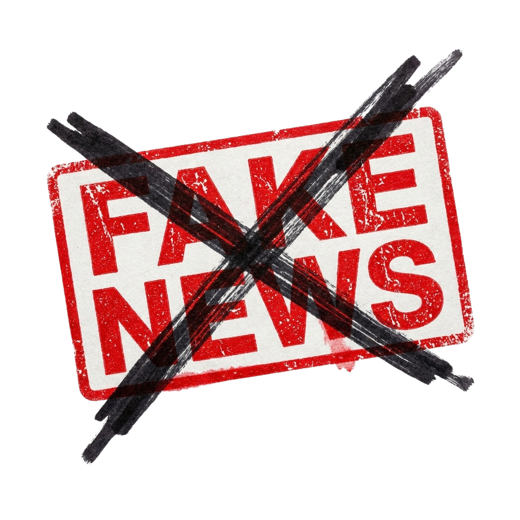 Red sign with FAKE NEWS crossed out by black scissors against a black background