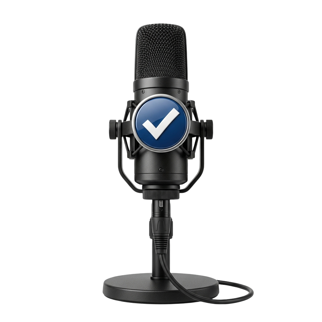 Black microphone with a blue circle and white checkmark symbol on the front