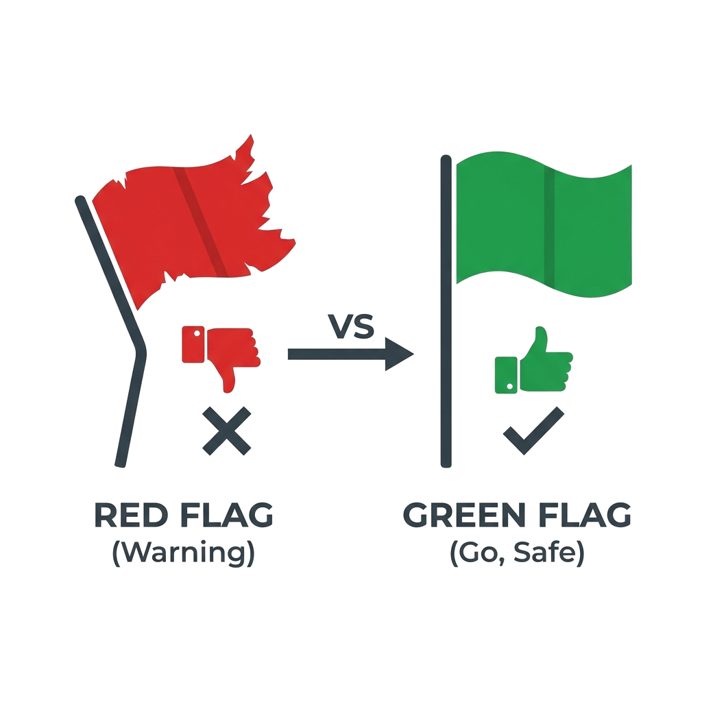 Red flag symbolizing warning with a thumbs down and green flag symbolizing go safe with a thumbs up