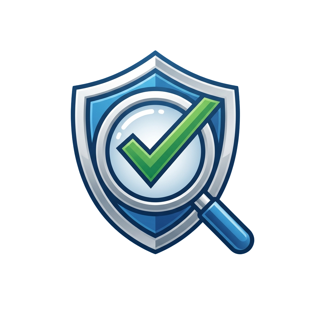 A shield with a green checkmark inside a magnifying glass symbolizing security verification and inspection