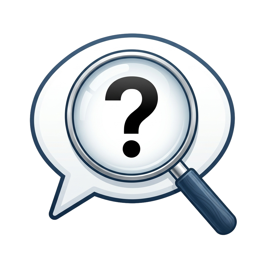 A magnifying glass focusing on a large question mark symbol inside a speech bubble