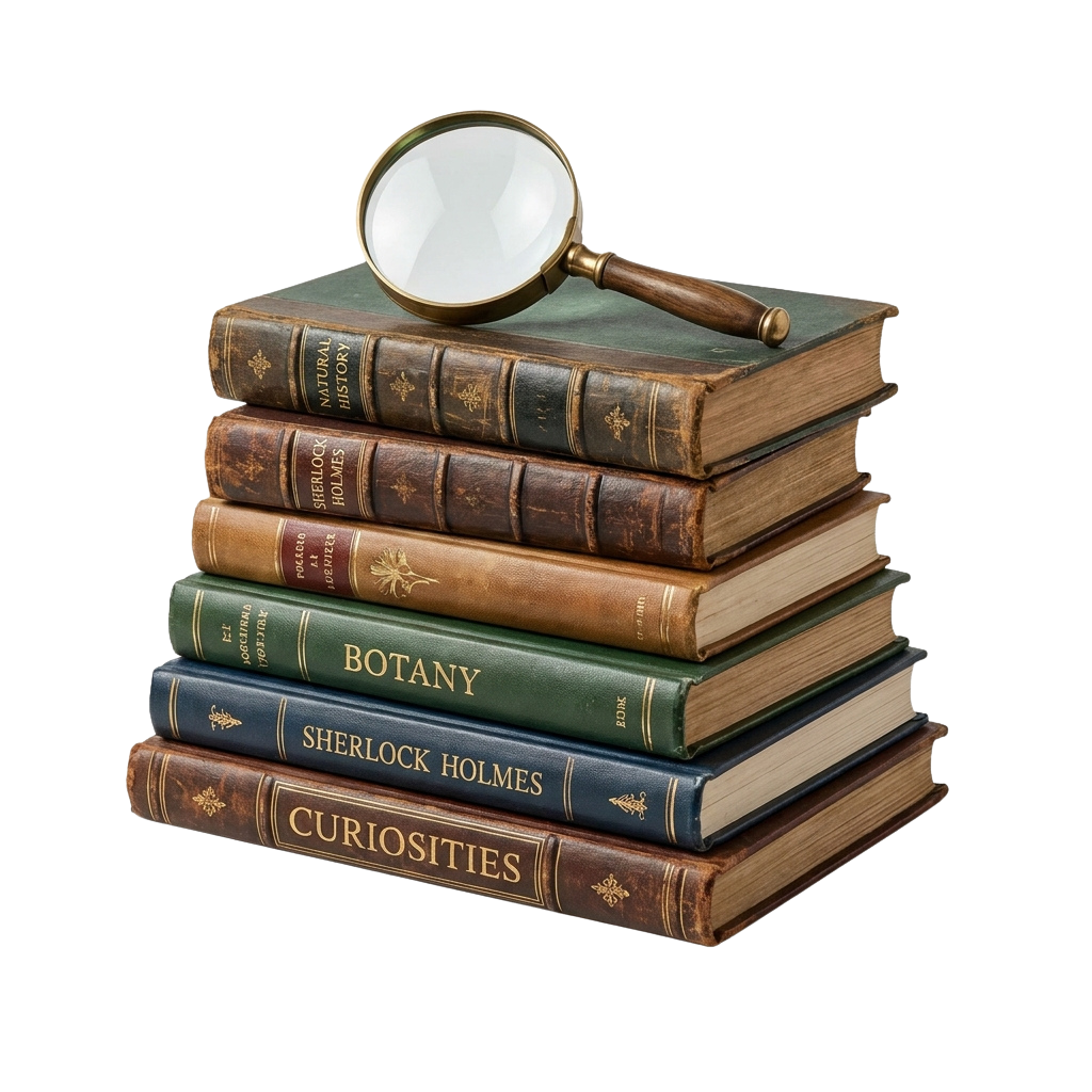 A stack of vintage books with a magnifying glass resting on top, suggesting research or investigation.