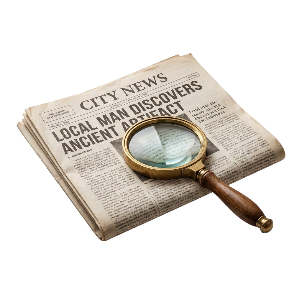 A magnifying glass examining a newspaper headline reading Local Man Discovers Ancient Artefact