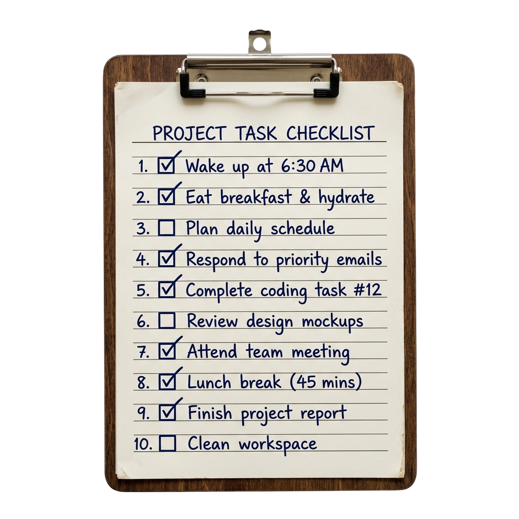 Clipboard showing a project task checklist with some tasks marked complete and others pending
