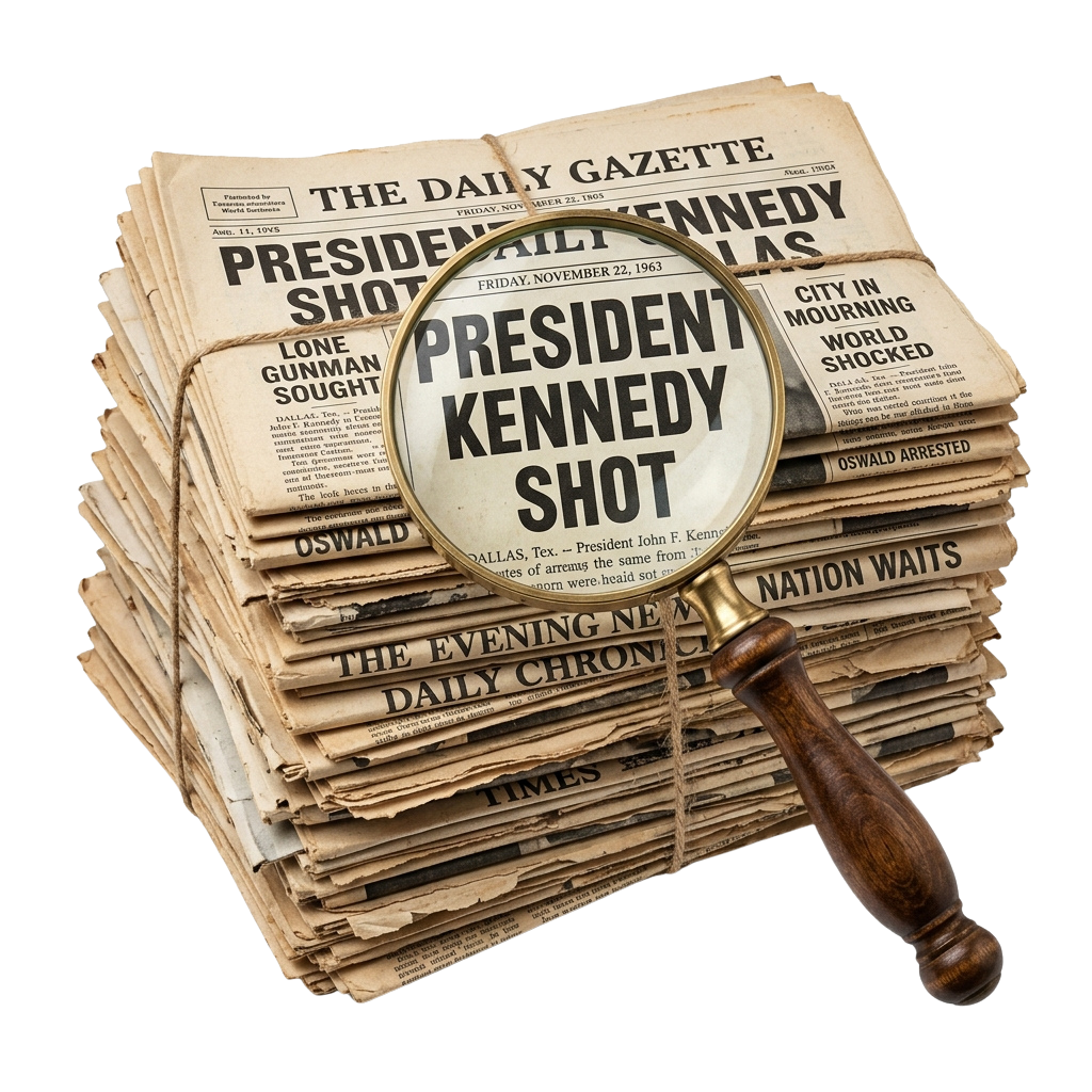 A stack of old newspapers with a magnifying glass highlighting assassination headlines