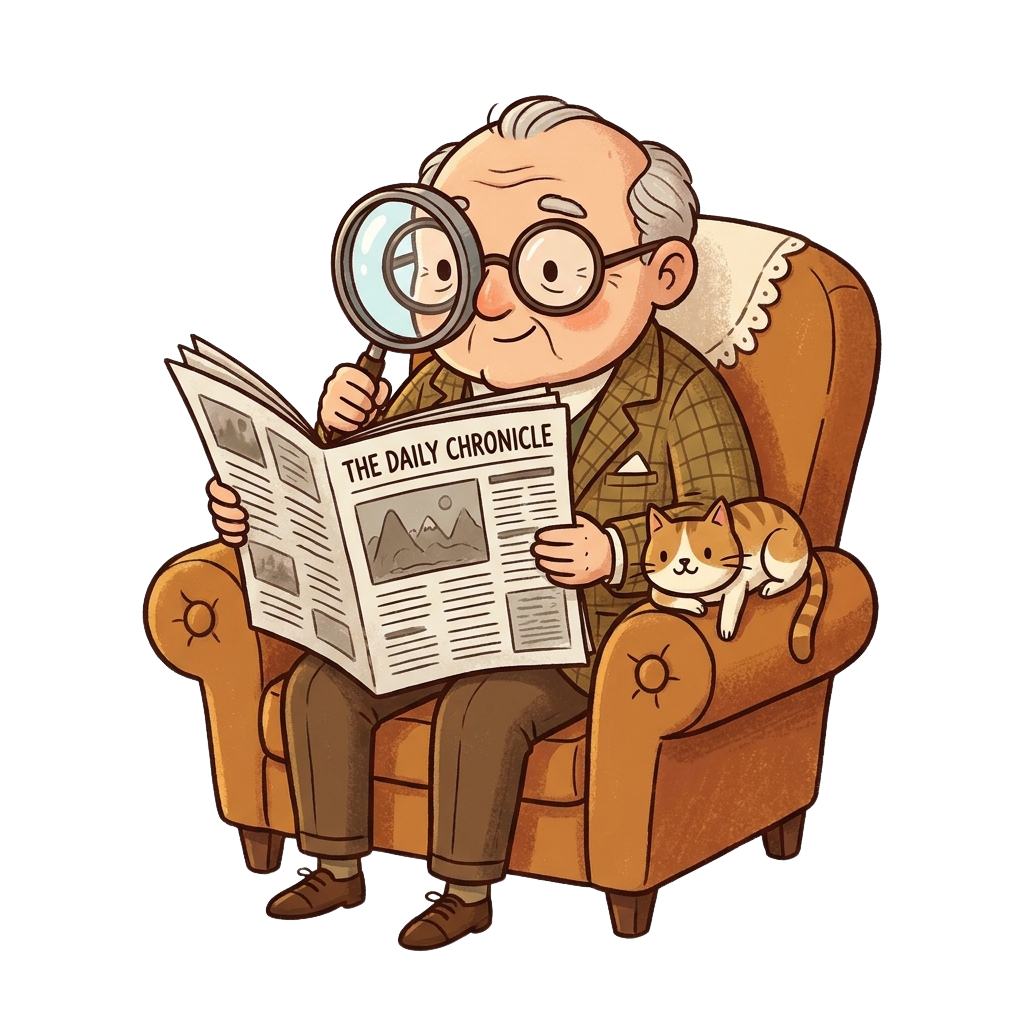 An elderly man in glasses uses a magnifying glass to read a newspaper while sitting in an armchair with a cat beside him.