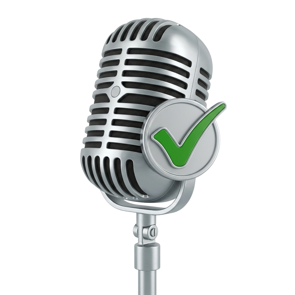 Microphone graphic with a green checkmark icon indicating approval or confirmation