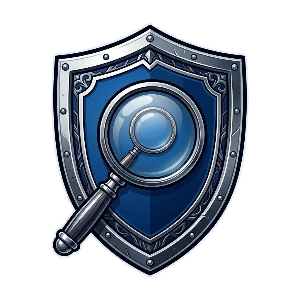 A stylized shield featuring a magnifying glass in the center, set against a dark background.