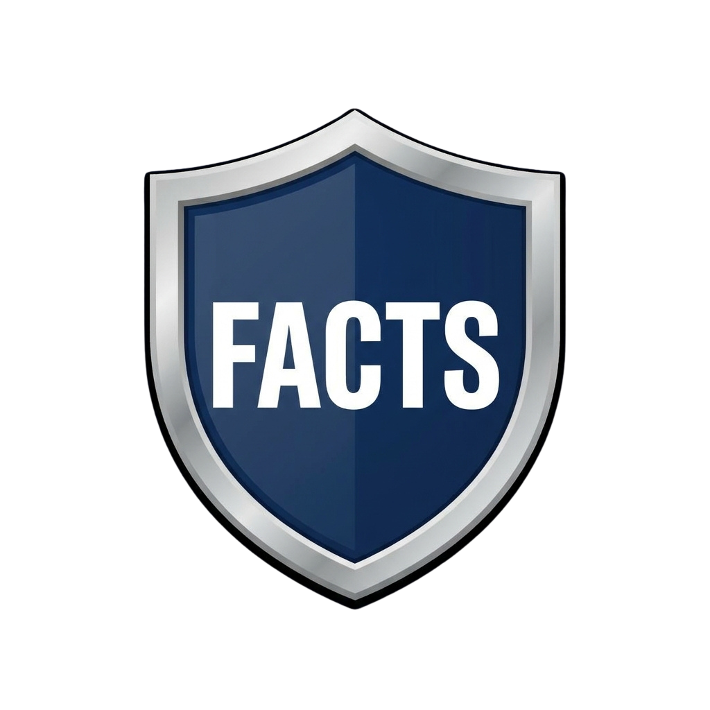 Shield-shaped badge with the word FACTS in bold white letters on a blue background
