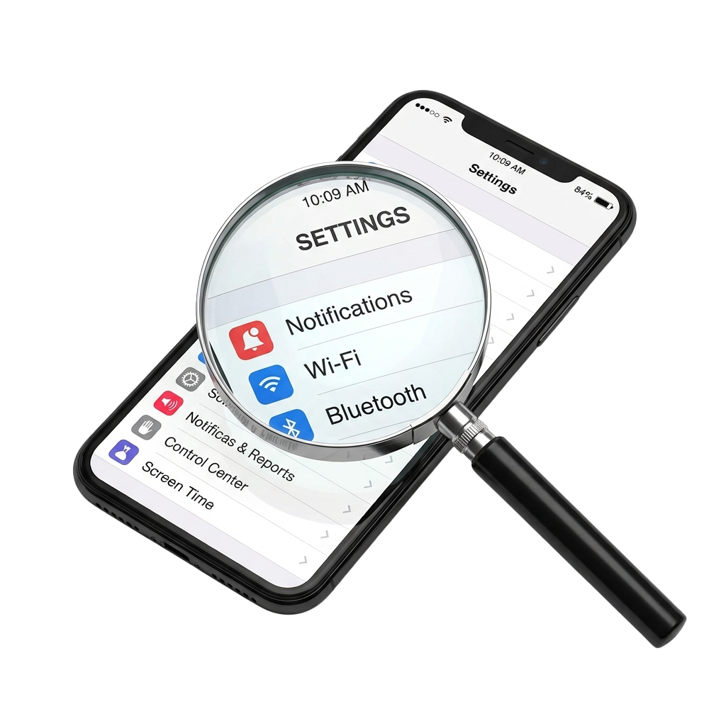 Magnifying glass highlighting settings menu showing notifications, Wi-Fi, and Bluetooth options on a smartphone