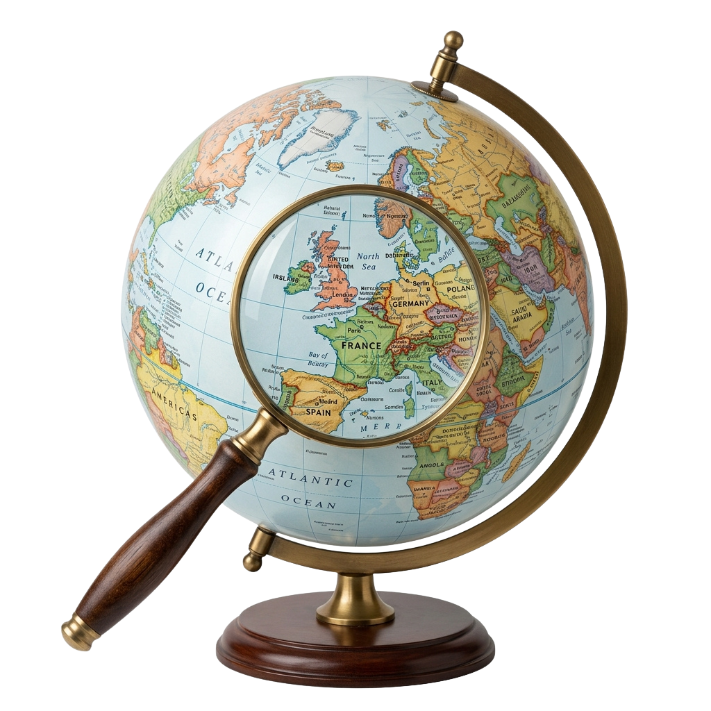 A vintage-style globe with a magnifying glass focusing on Europe, showing countries like France, Spain, and Germany