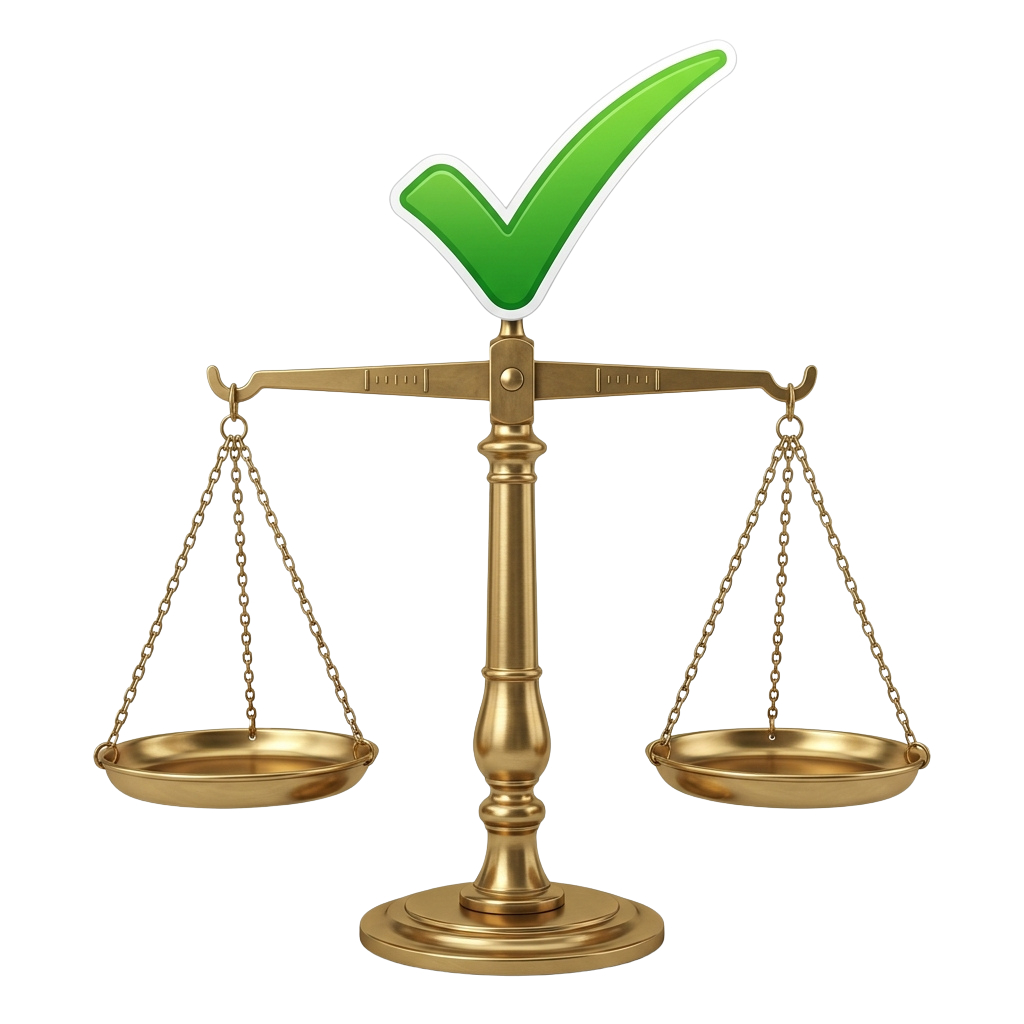 A golden justice scale balanced with a green checkmark above it on a black background