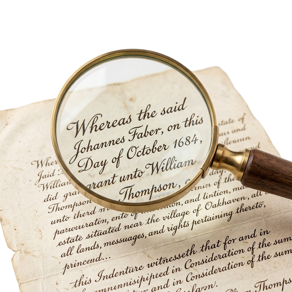 Magnifying glass focusing on an old parchment document dated October 1684 with legal text visible