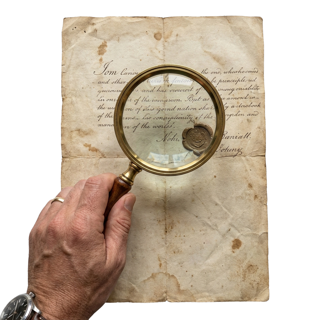 A hand holding a magnifying glass over an old, yellowed document with a wax seal.