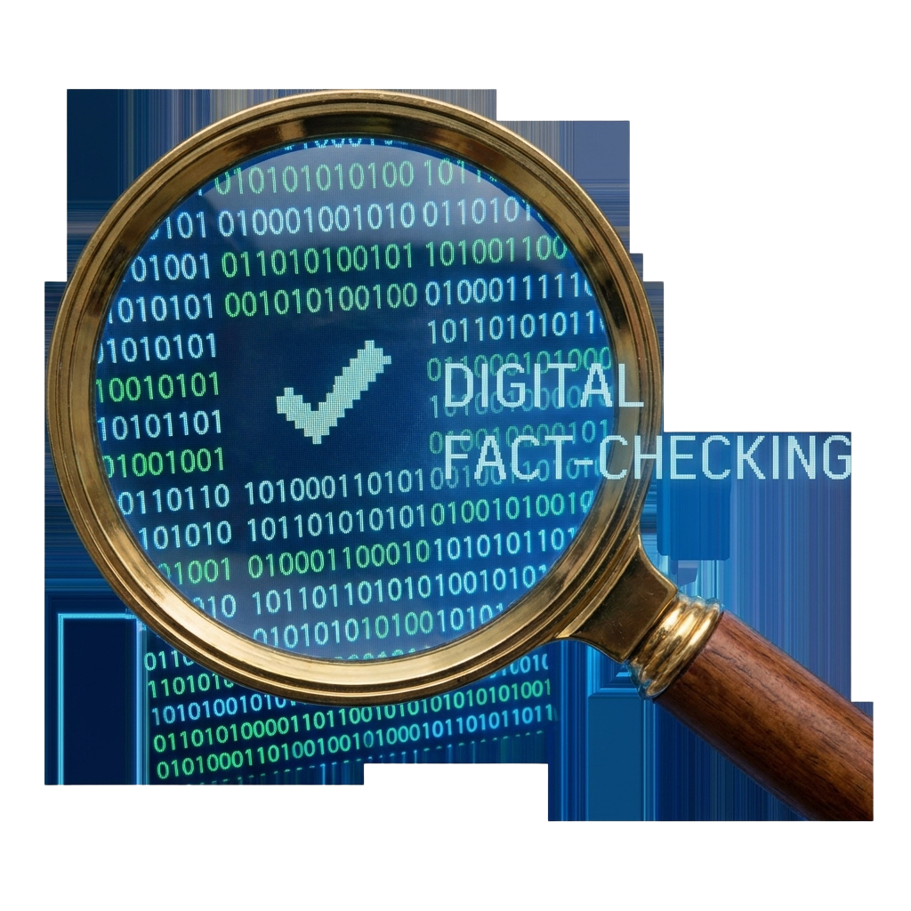 Magnifying glass examining binary code with text reading Digital Fact Checking