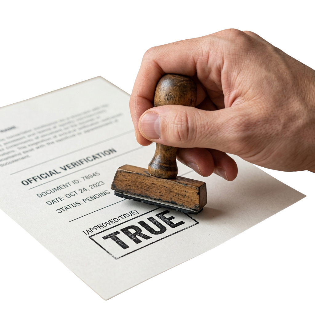 A hand stamping an official verification document with a TRUE approval stamp.