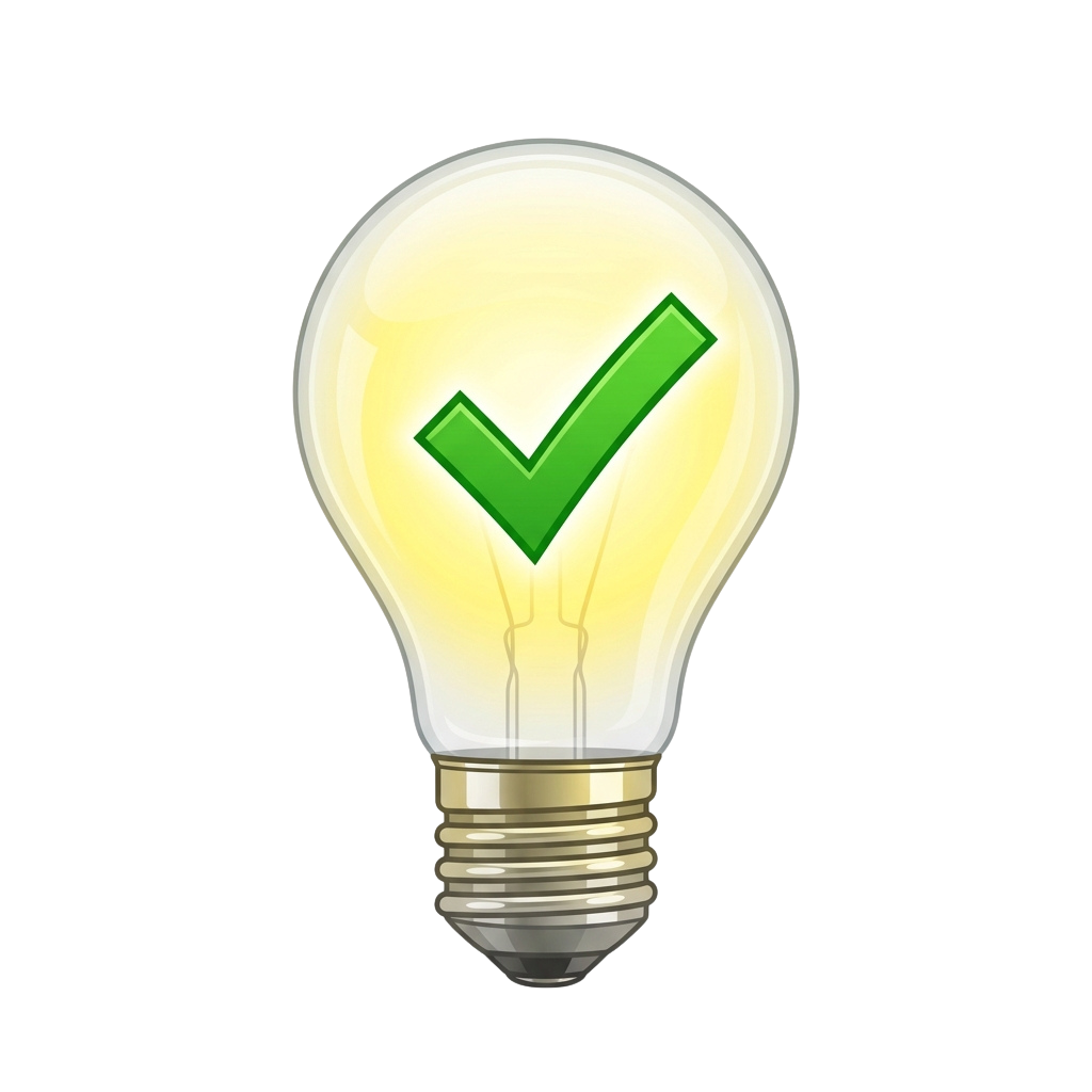 A glowing lightbulb containing a green checkmark symbol indicating approval or success